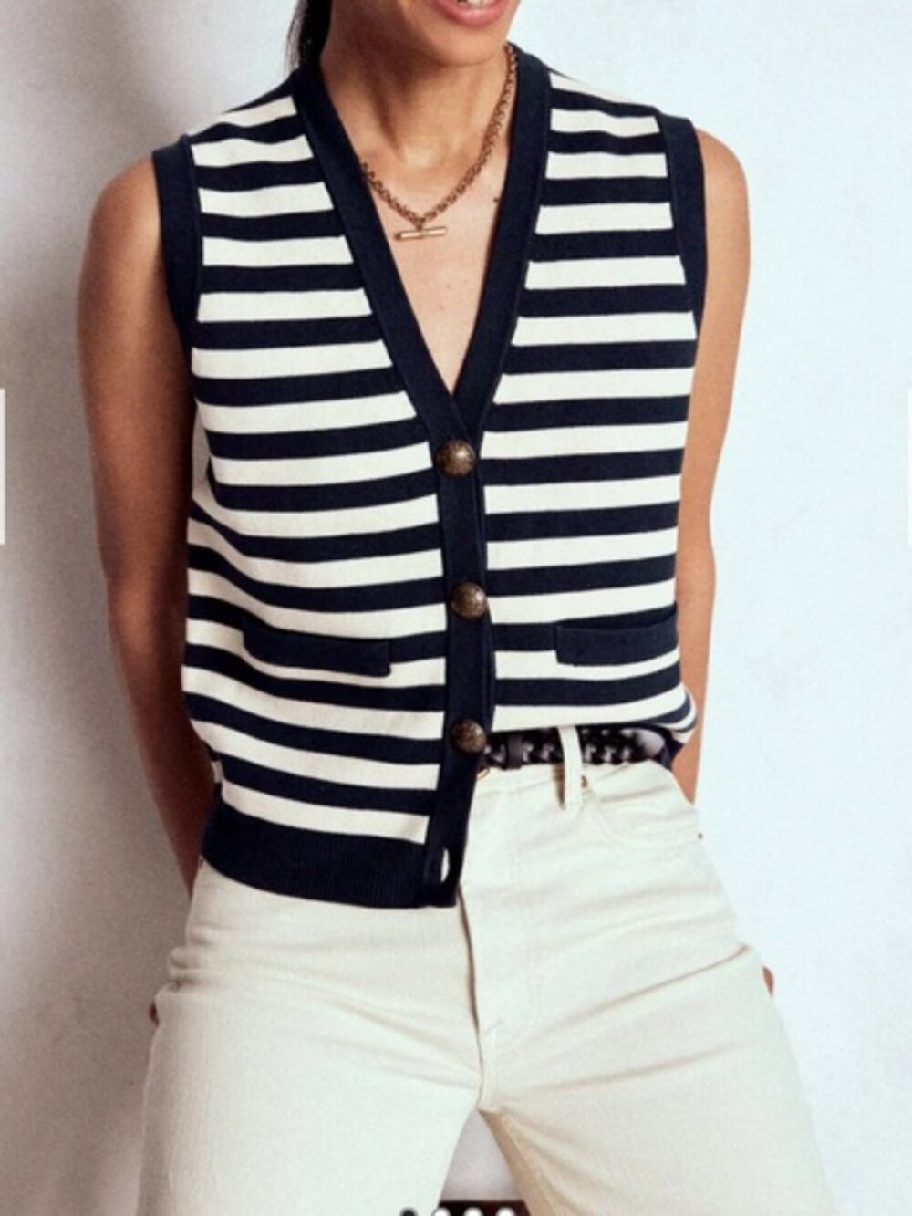 Boden Navy and White Striped Knit Button Vest Size Large Academia Preppy Classic